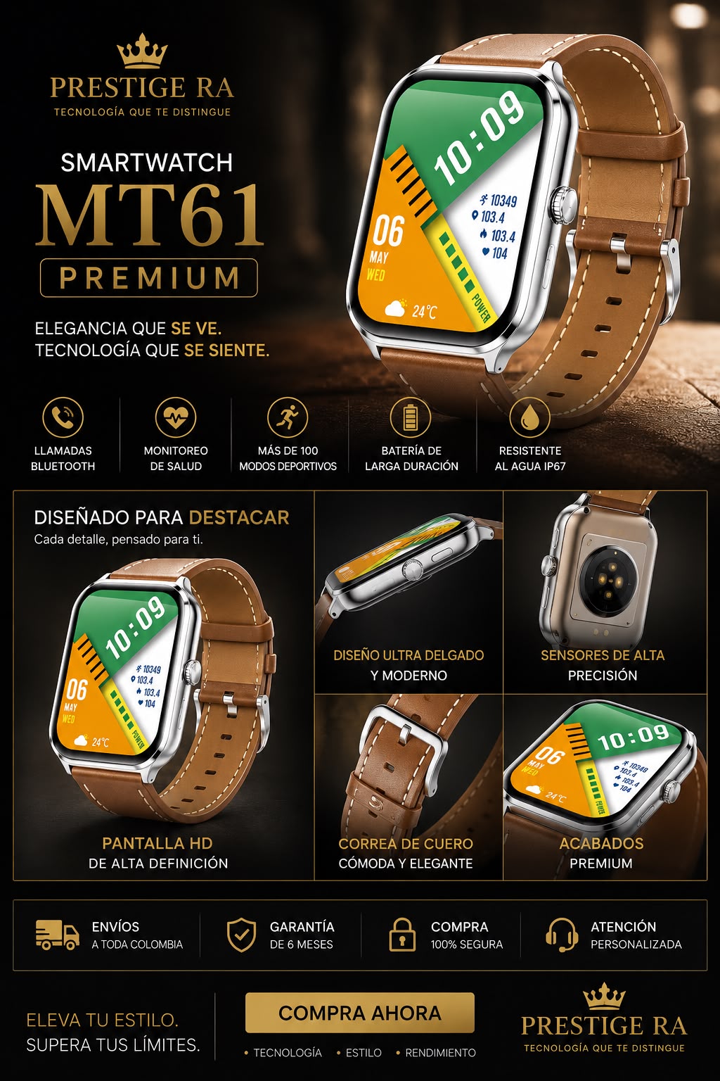 Smartwatch MT61 HD| Llamadas Bluetooth, Monitor de Salud y Resistencia al Agua