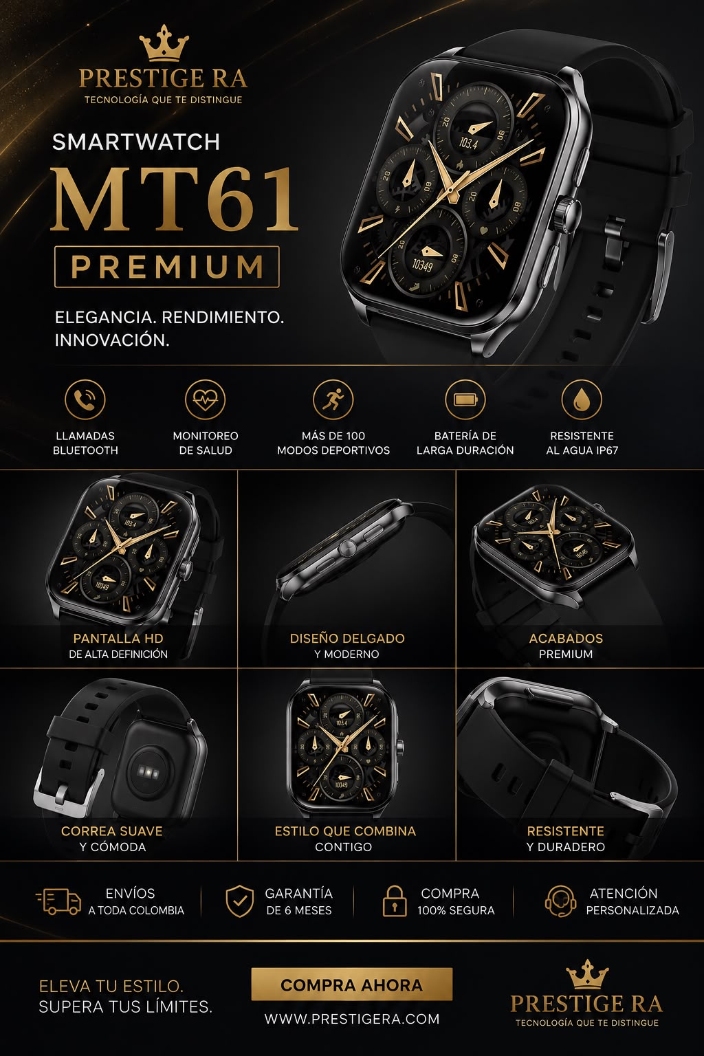 Smartwatch MT61 HD| Llamadas Bluetooth, Monitor de Salud y Resistencia al Agua
