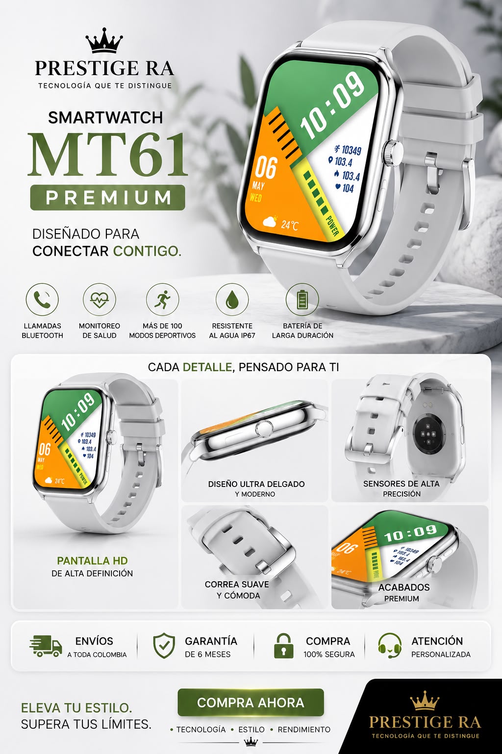 Smartwatch MT61 HD| Llamadas Bluetooth, Monitor de Salud y Resistencia al Agua